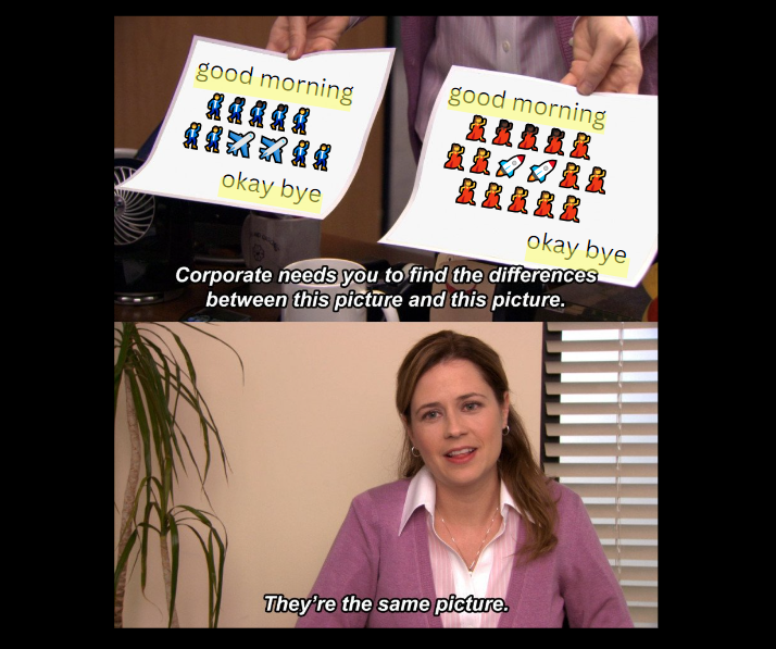 Meme of Pam from The Office comparing two papers with the same title but different content, saying it&rsquo;s the same picture